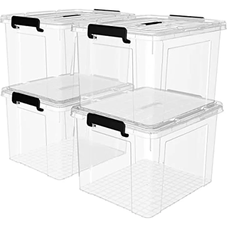 Cetomo,90L,4er-Pack, Aufbewahrungsbox mit deckel,Aufbewahrungsboxen, mit Clips, stapelbar, Wohnzimmer, Schlafzimmer.lebensmittelecht,Verschlussclips,Neumaterial Plastik-Box transparent schwarz