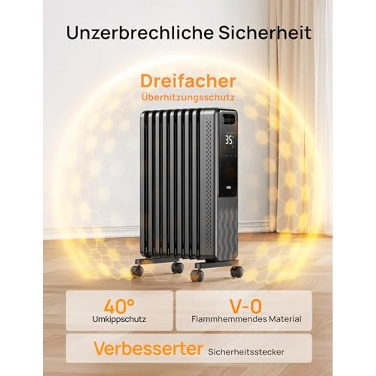 Dreo Ölradiator Energiesparend 2000W, Mobile Elektroheizung 9 Rippen mit Fernbedienung, 3 Heizstufen, 4 Modus, 24h Timer, Überhitzungs-Kippschutz, Radiatoren Elektrisch Heizung mit Thermostat, OH310 – Bild 5