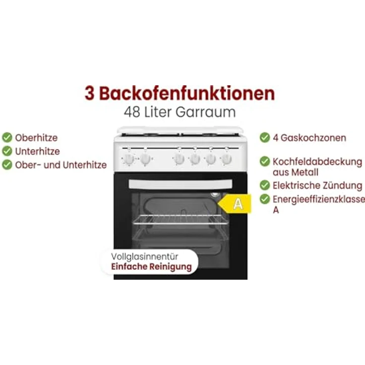 PKM GH4-50 EO AQ, Stand-Gasherd mit 4 Kochzonen, 9050 Watt, 3 Backofenfunktionen, Energieeffizienzklasse A, inkl. Grillrost & Fettpfanne – Bild 8
