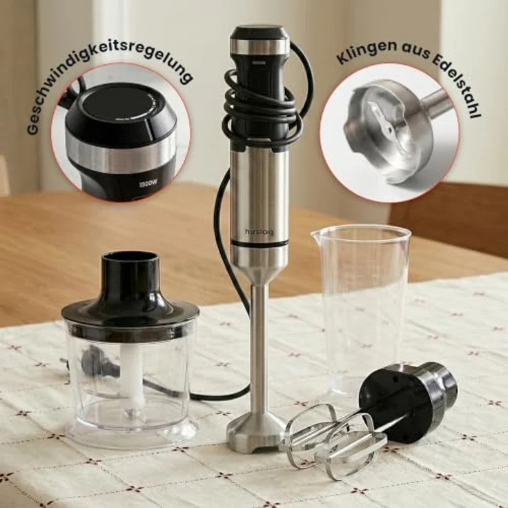 Huslog Stabmixer 3-in-1, 1500 W mit Zerkleinerer, Schneebesen und 20 Geschwindigkeitsstufen, HUS1048 – Bild 2