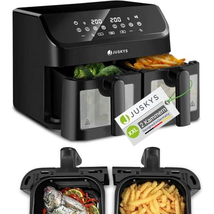 Juskys Heißluftfritteuse 9 L Doppelkammer - XXL Fritteuse mit 2 Körben, 9 Programme, Smart Finish, teflonbeschichtet - weiß – Bild 1