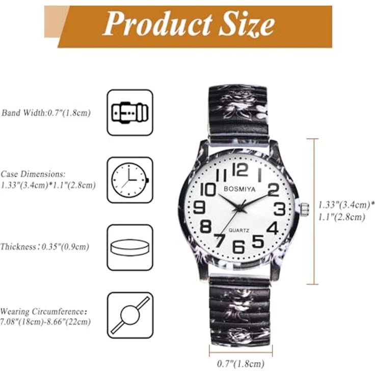 JewelryWe Damenuhr Boho Elastische Uhr, Analog Quarz mit Blumen Druck, Edelstahl Stretch Armband und große Zahlen, Bohemian Stil – Bild 5