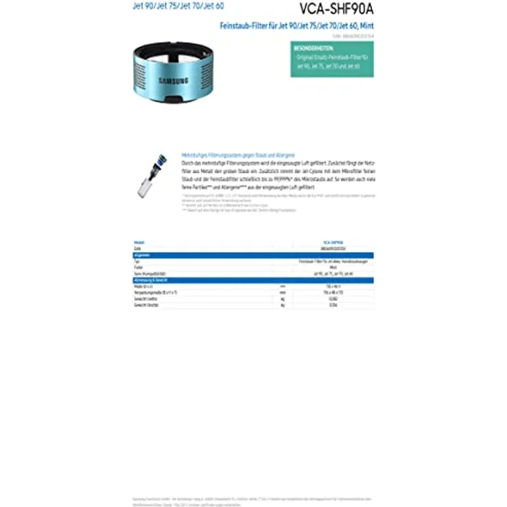 Samsung VCA-SHF90 Feinstaub-Filter für Jet 90/Jet 75/Jet 70/Jet 60, Hochleistungsfilter, Mint – Bild 3