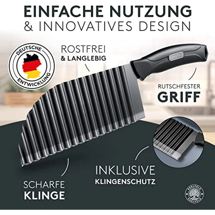 Edelfeld Wellenschneider für Pommes, Obst & Gemüse - Spülmaschinengeeignetes Wellenmesser mit Titanklinge - Professionelles Riffelmesser für Erwachsene & Kinder - BLW Wellenschnittmesser aus Edelstahl – Bild 2