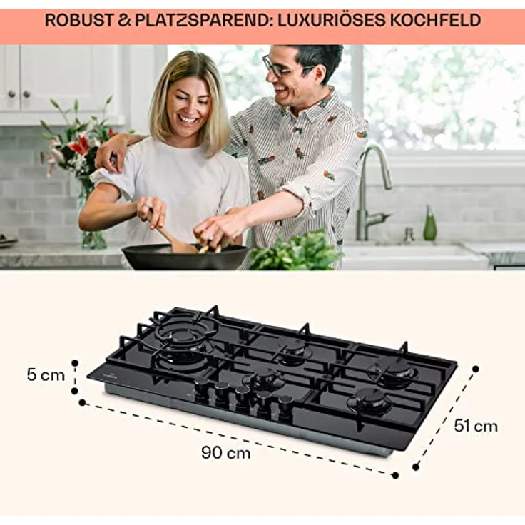 Klarstein Ignito Chef Gaskochfeld, Einbaugerät, Drehregler, Breite 90 cm, 5 Zonen, schwarz - Preisvergleich – Bild 6