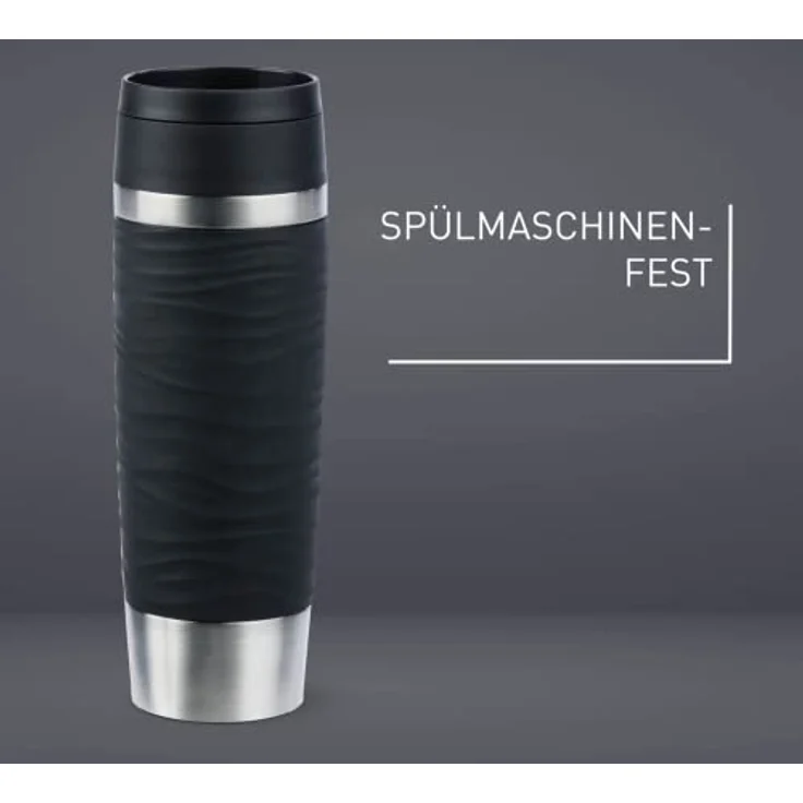 Emsa N20225 Travel Mug Wave Isolierbecher 0,5 Liter | neuer Komfort-Schraubverschluss | Edelstahl | 6h heiß und 12h kalt | 100% dicht | spülmaschinenfest | 360°-Trinköffnung | Schwarz – Bild 4