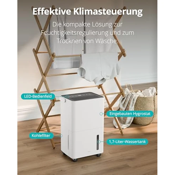 Duux Bora Luftentfeuchter, 12 L/Tag Entfeuchtungsleistung, 1,7 Liter Wassertank, Hygrostat und Trockenmodus für Wäsche – Bild 3