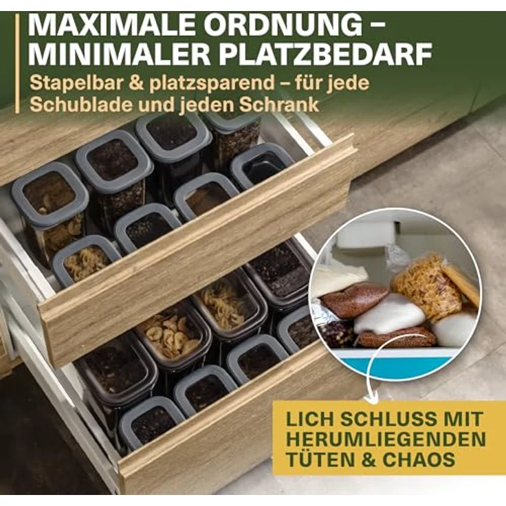 VIWARES Vorratsdosen Set 18-teilig, inkl. 2,0L Spaghetti Box & 6 Gewürzdosen mit Dosierdeckel, luftdicht, BPA-frei, stapelbar, 52 Etiketten – Bild 9