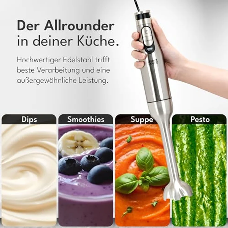 LEBENLANG Premium 1200W Stabmixer Edelstahl, inkl. 1000ml Messbecher & Spritzschutz, stufenlos verstellbar mit Turbo-Modus, elektrische Hand Blender Pürierstab für Suppen, Saucen & Smoothies – Bild 2