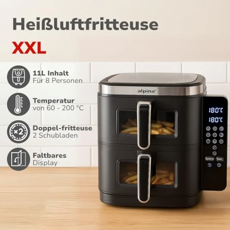 alpina Double Airfryer XXL, Heißluftfritteuse mit 11L und 2 Kammern, für 8 Personen, faltbares Display, Timer bis 60 Minuten, Temperatur 60-200°C, Schwarz – Bild 2