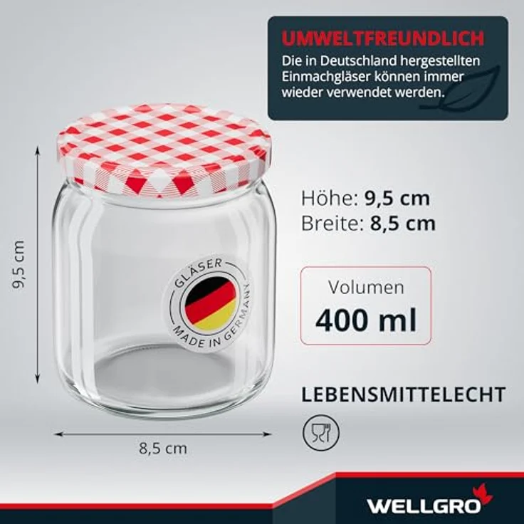 WELLGRO 50x Einmachgläser mit Schraubdeckel, 400ml, rot kariert, Made in Germany, ideal für Vorratslagerung und Meal Prep – Bild 2