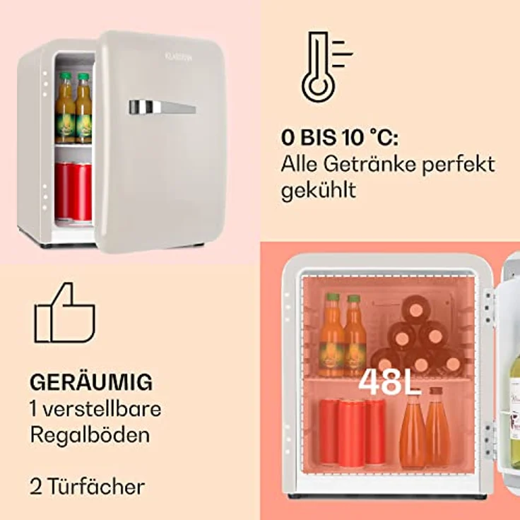 Klarstein Mini Kühlschrank für Zimmer, 48L Mini-Kühlschrank für Getränke & Kosmetik, Kleine Minibar, Kühlschrank Klein & Leise, Verstellbare Ablage, Kleiner Skincare Kühlschrank 0-10°C – Bild 4