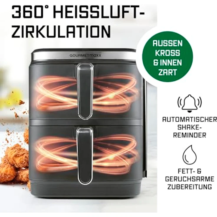 GOURMETmaxx FryUp Vertikale Doppelkammer Heißluftfritteuse, 10L Fassungsvermögen, 2800 W, klappbares Touchdisplay, 12 Programme, platzsparendes Design – Bild 5
