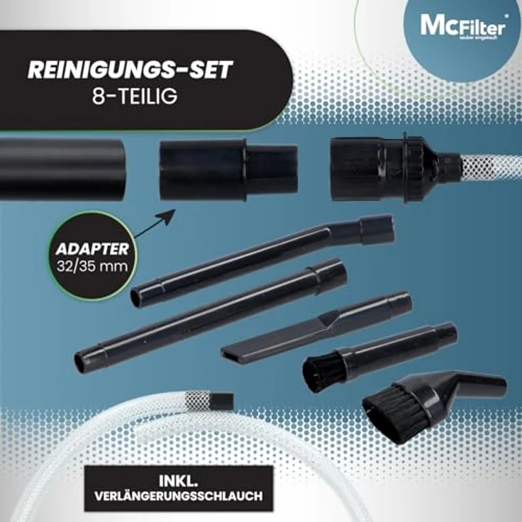 McFilter Universal Staubsaugerdüsen-Set 8-teilig, Ø 32/35 mm, mit Fugendüse, Staub- und Möbelpinsel, Schlauchverlängerung für gründliche Detailreinigung von Hobby, Computer, Auto und Modellbau – Bild 2