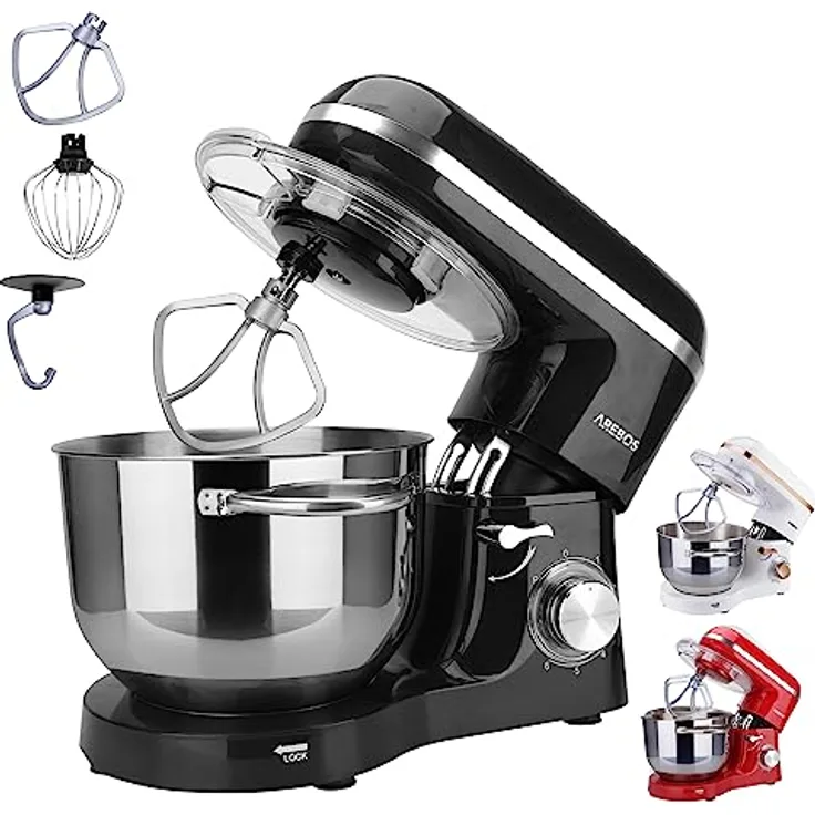 Arebos Küchenmaschine 1500W mit 6L Edelstahl-Rührschüssel | Schwarz | inkl. Rührhaken, Knethaken, Schneebesen | Spritzschutz | 6 Geschwindigkeiten | Knetmaschine | Teigmaschine