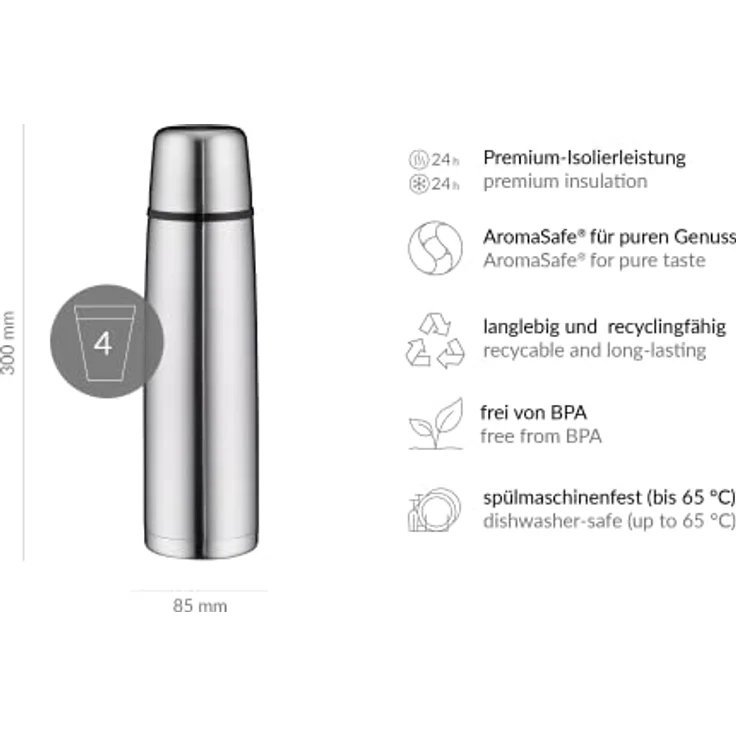 alfi isoTherm Perfect Trinkflasche, Isoliertrinkflasche, Isolierflasche,Thermosflasche, Edelstahl mattiert, 1 Liter – Bild 7