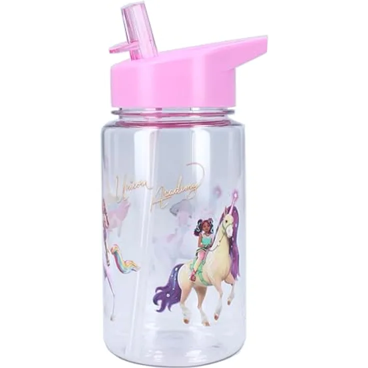 Unicorn Academy Trinkflasche Trinkbecher 450 ml, transparent mit Strohhalm & pinkem Henkel