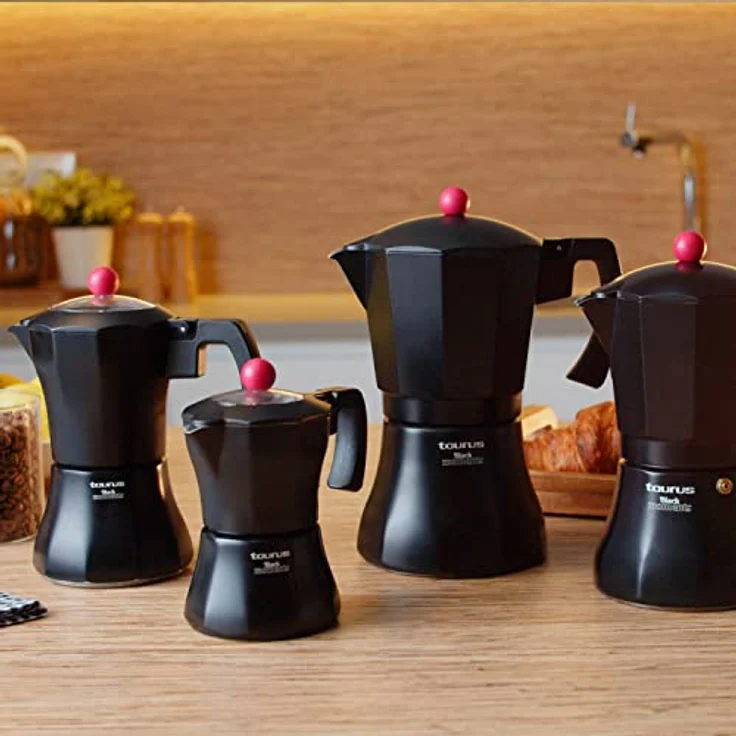 Taurus Black Moments 6, Italienische Kaffeemaschine für 6 Tassen, Edelstahlbasis und -filter, Sicherheitsventil, Silikondichtung, für alle Herdarten, transparenter Deckel, Schwarz – Bild 4