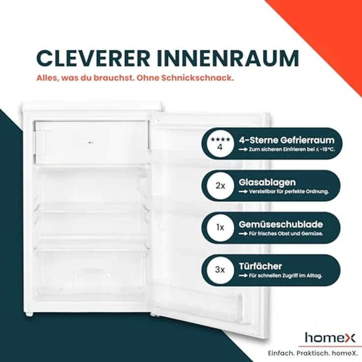 homeX CS1091E-W Kühlschrank mit Gefrierfach, Mini Kühl-Gefrierkombination 109 Liter, freistehend, 4-Sterne Gefrierfach, weiß – Bild 3