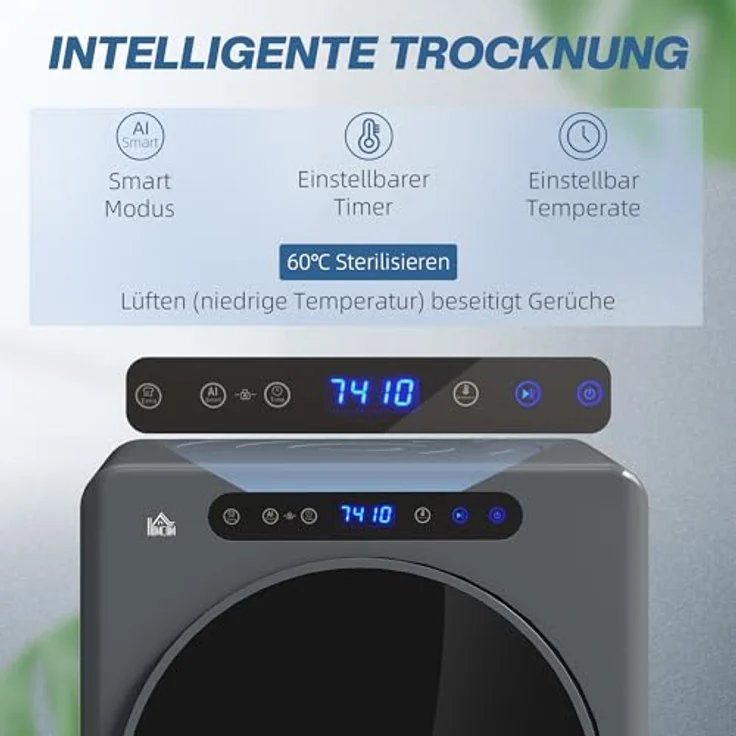 HOMCOM Mini Ablufttrockner 3 kg mit Desinfektion, 1000W, 6 Programmen, Touch-Screen und 3 Temperaturen, grau für Wohnmobile und Häuser – Bild 3