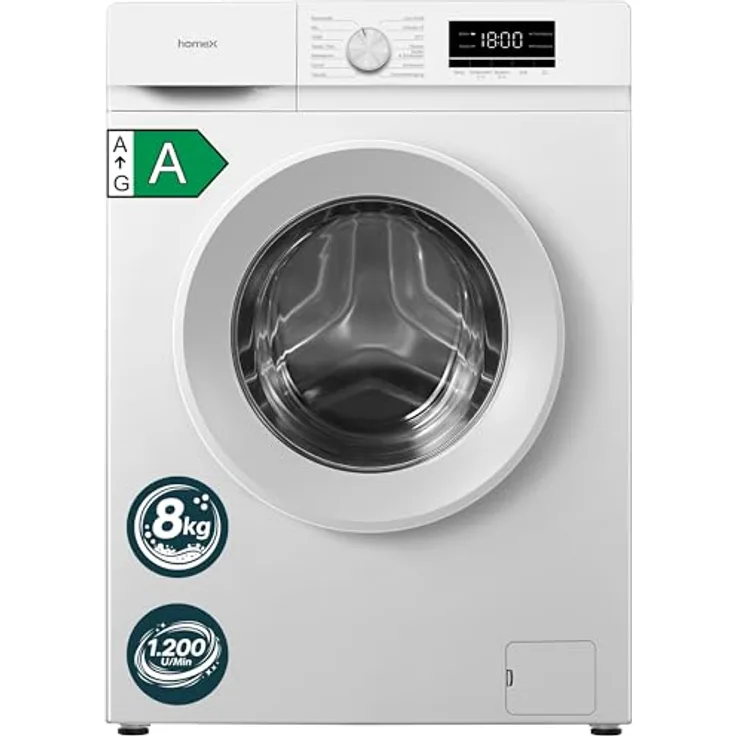 homeX Waschmaschine WF812K1A-W, 8 kg Frontlader mit 1.200 U/Min, Inverter Motor, 14 Programme, leise 74 dB, AquaStop, weiß