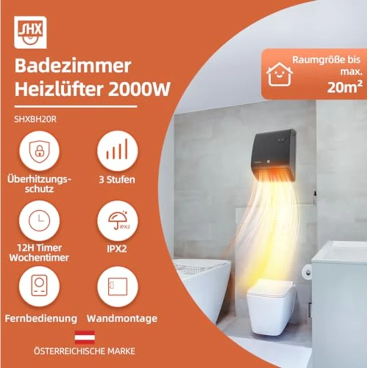 SHX Badezimmer-Heizlüfter 2000 W | Thermostat mit Fernbedienung | wassergeschützt | sicher im Bad, Schwarz – Bild 2