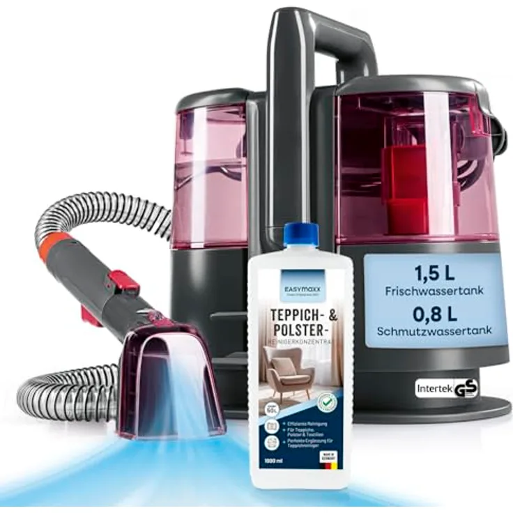 CLEANmaxx Teppichreiniger Pro Power, Nass- und Trockensauger mit 600 W, Dual-Tank, inkl. 1 Liter EASYmaxx Teppichreiniger-Konzentrat, selbstreinigend