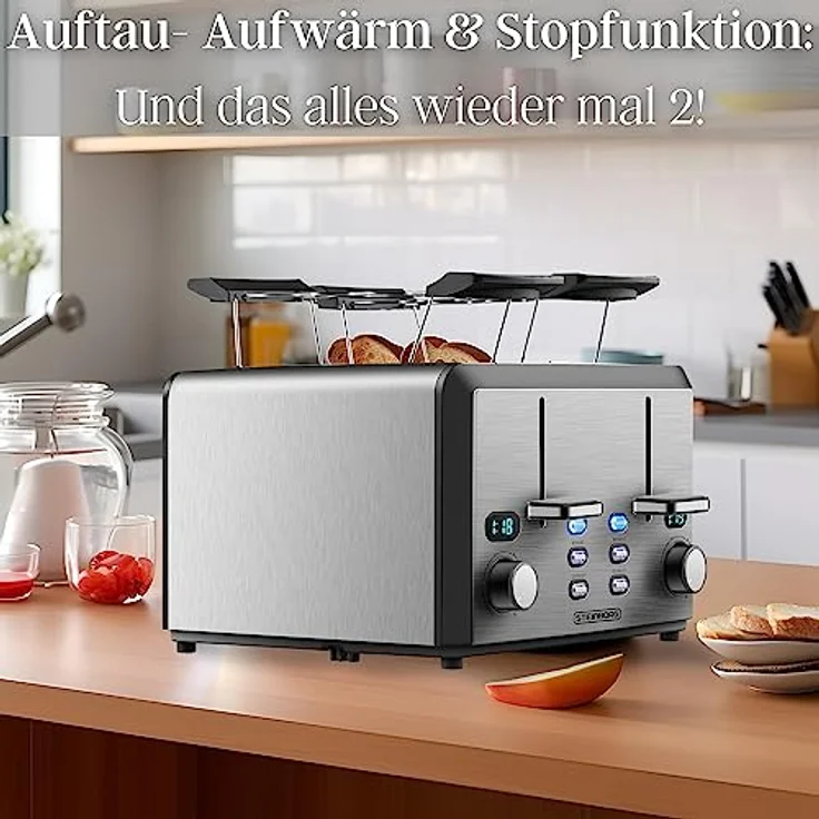 XXL Toaster 4 Toastschlitze | Toastautomat | XXL Toaster | 1600 Watt | 6-Stufen Bräuneregler | 2x Brötchenaufsatz | Auftau-Funktion | 2x Krümelschubladen | Edelstahl | 4-Fach Toaster | LED Displays – Bild 5