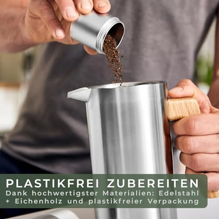 Waldwerk French Press Kanne Kaffeebereiter aus doppelwandigem Edelstahl mit Eichenholz Holzgriff, 1l Kaffeekanne, plastikfreier Kaffeezubereiter – Bild 2