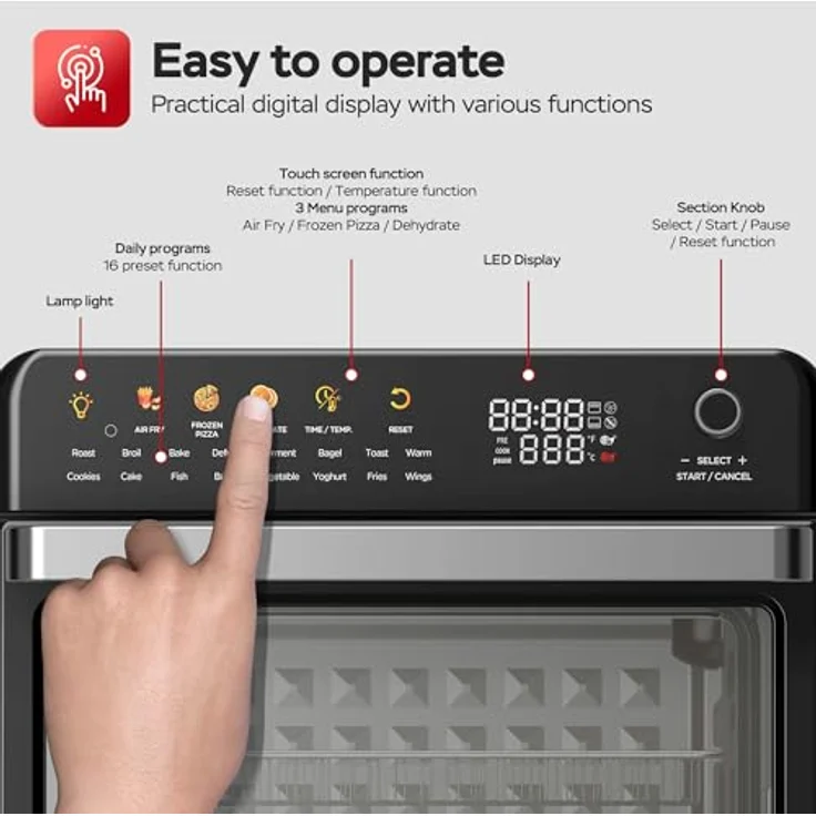 TurboTronic Multi-Smart-Ofen 19in1, Heißluftofen & Heißluftfritteuse mit 2100W, 34L Kapazität, Dörrfunktion, 40-230°C, schwarz – Bild 3