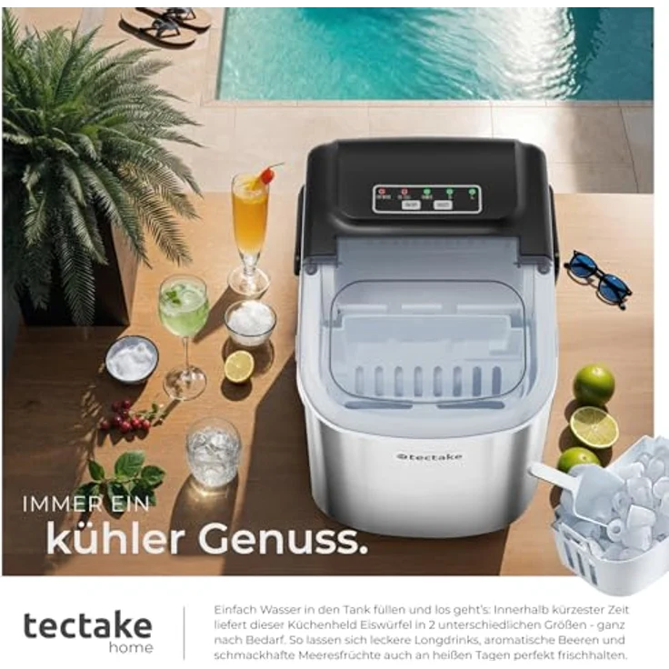tectake® Eiswürfelmaschine, Ice Maker, Eiswürfelbereiter mit 2 Eiswürfelform für kleine und große Würfel, silber – Bild 3