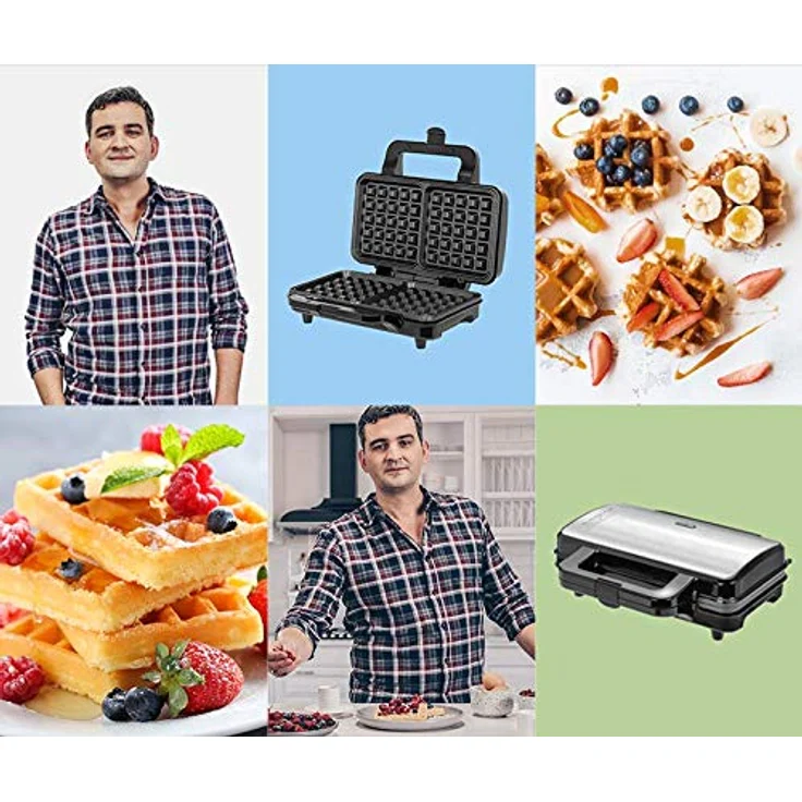 MPM MGO-20M Professionelles Waffeleisen für 2 Dicke belgische Waffeln, antihaftbeschichtete Platten, automatische Temperaturregelung, Edelstahlgehäuse, 1000W, 1000, Black-Silver – Bild 7