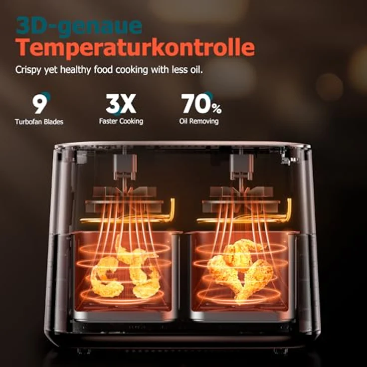 cookwise Heißluftfritteuse 2 Kammern, 9L Airfryer mit Touchscreen, spülmaschinenfesten Antihaftkörben, fettarm und 9-in-1 Funktion, mit Sichtfenster – Bild 4
