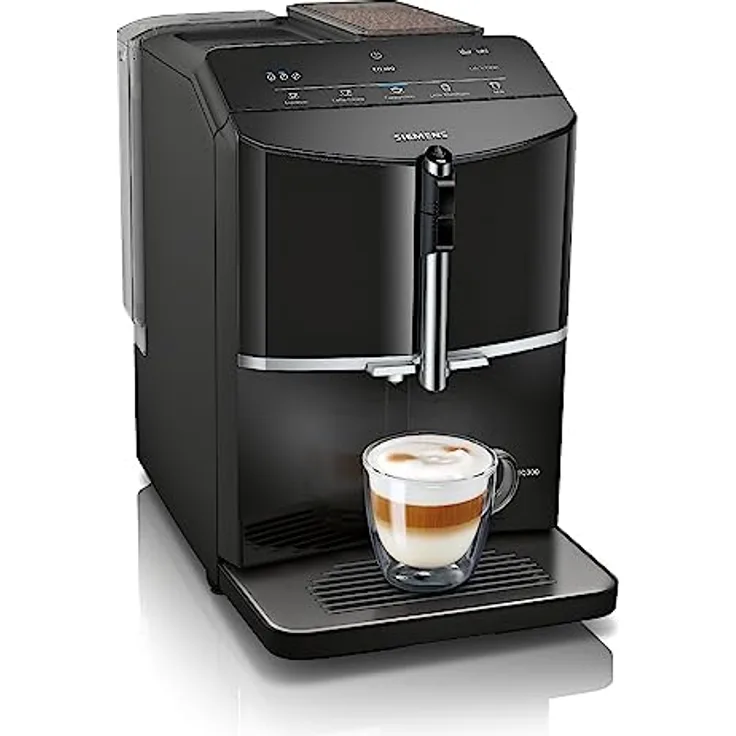 Siemens Kaffeevollautomat EQ300 TF301E19, für viele Kaffeespezialitäten, Milchaufschäumer, Keramikmahlwerk, OneTouch-Funktion, 1,4 Liter Wassertank, automatische Reinigung, 1300 W, schwarz