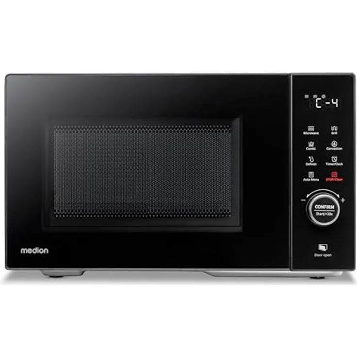 MEDION Mikrowelle mit Grill und Heißluft (23 Liter, 900 Watt, 1000 Watt Grill, 1680 Watt Heißluftfunktion, 11 Automatik-Programme, 5 Leistungsstufen, Auftaufunktion, Edelstahl, MD12031) schwarz – Bild 1