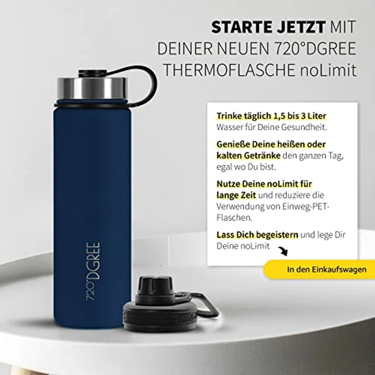 Trinkflasche Doppelwandig Edelstahl 950ml Isolierflasche m. Gratis Sportdeckel 720 DGREE noLimit sapphire blue – Bild 5