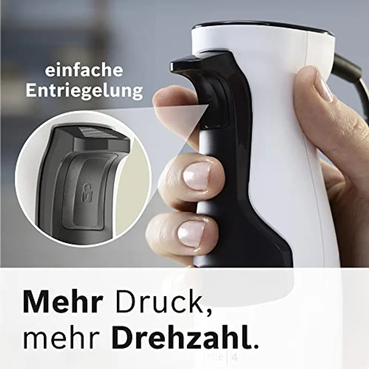 Bosch Stabmixer ErgoMaster Serie 4 MSM4W220, Zerkleinerer, einhändig bedienbar, Edelstahl-Klingen, verschleißfreie Keramik-Kupplung, Mixbecher, QuattroBlade, AntiSplash, Einschaltsperre, 600 W, weiß – Bild 5