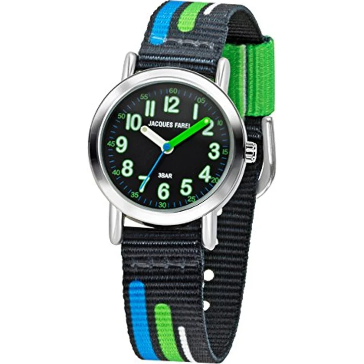 JACQUES FAREL Kinder-Armbanduhr Jungen Analog Quarz mit Stoffband Textilband Schwarz Blau Grün KPS 403, IPS-beschichtetes Metallgehäuse, deutliches Zifferblatt, Original japanisches Quartzwerk – Bild 1