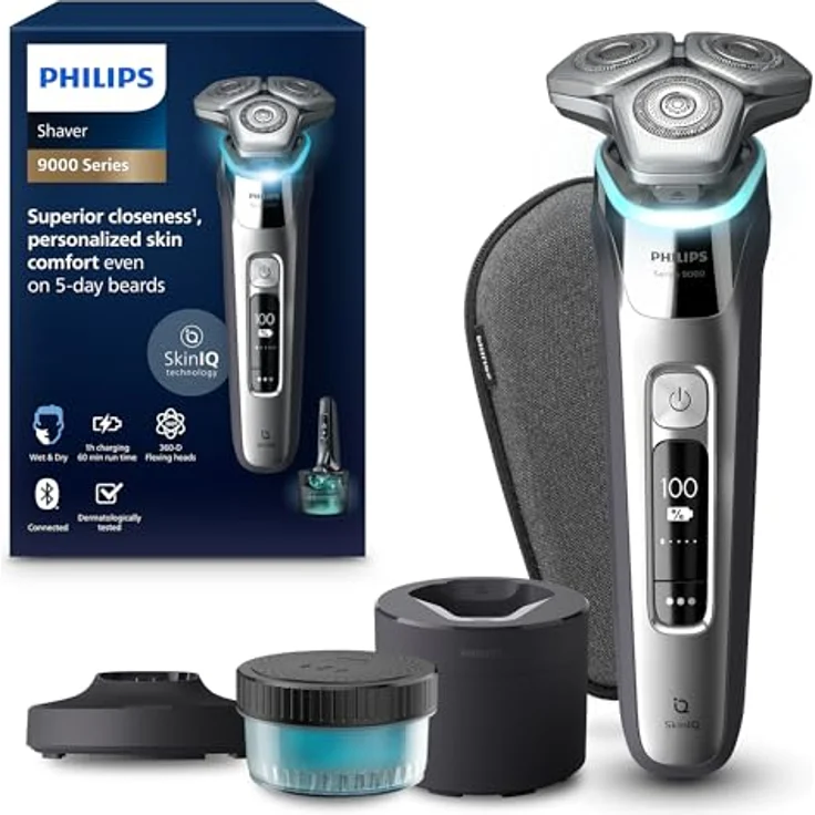 Philips Shaver S9000 – Elektrischer Nass-& Trockenrasierer für Männer, Dunkelchrom, SkinIQ Technologie, Lift & Cut System, Barttrimmer, Reinigungsstation, Ladestation & Reiseetui (Modell S9974/55) – Bild 1