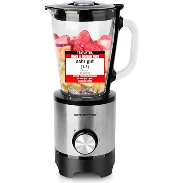 Emerio Standmixer mit 1.5L Glasbehälter | BPA frei | Crush Ice Funktion | 2 Geschwindigkeiten + Pulse Funktion | 4 Messer aus Edelstahl | 2 Sicherheitsschalter in Krug & Deckel | 500W | BL-130988