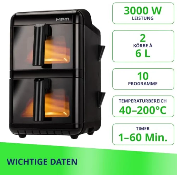 MPM MFR-13, Große Heißluftfritteuse mit 12 Litern, Doppelkammer, 3000W, Sync & Dual-Cook Funktion, Schüttel-Erinnerung – Bild 6