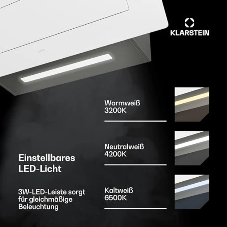 Klarstein SleekAir Dunstabzugshaube, 90 cm Kopffreihaube, 718 m³/h, A++ Energieeffizienz, Touch-Bedienung, LED 2700-6500 K, Weiß, Abluft & Umluft – Bild 6