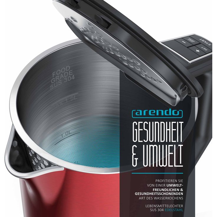 Arendo Elegant Wasserkocher, 1,5 l, 2200 W, Edelstahl Wasserkocher mit Temperatureinstellung 40-100 Grad - 1,5 Liter, red metallic – Bild 3