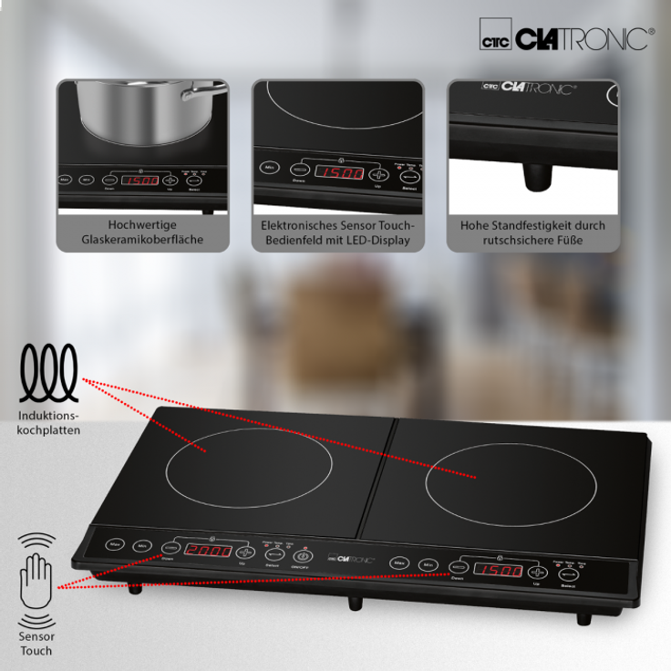 Clatronic DKI 3609, Doppelkochplatte, Induktion, Betriebsart elektrisch, Material Glaskeramik, ECO-Save, 6 Leistungs- und 10 Temperaturstufen, schwarz – Bild 3