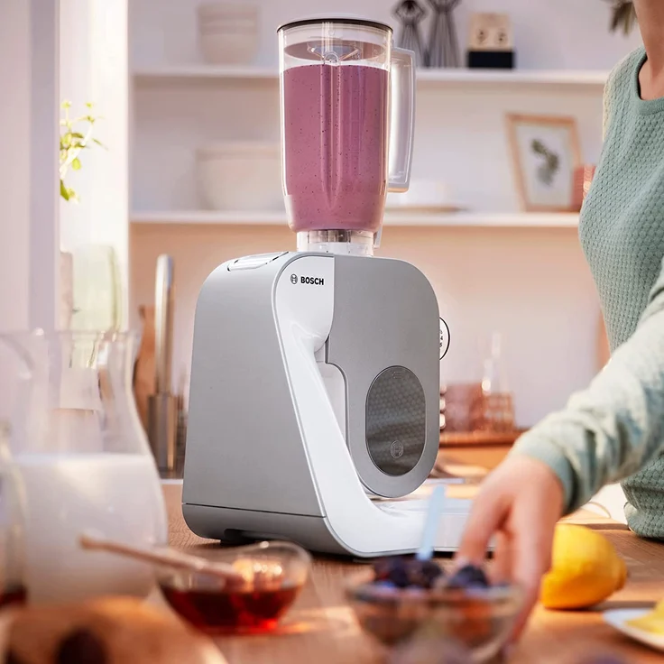 Bosch MUM58W20 CreationLine Küchenmaschine mit Planetenrührwerk 1000W, 7 Geschwindigkeiten, 3,9L Schüssel, inkl. Patisserie-Set, Standmixeraufsatz, Durchlaufschnitzler, weiß-silber, Serie: MUM5 – Bild 7