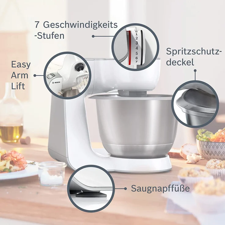 Bosch MUM58W20 CreationLine Küchenmaschine mit Planetenrührwerk 1000W, 7 Geschwindigkeiten, 3,9L Schüssel, inkl. Patisserie-Set, Standmixeraufsatz, Durchlaufschnitzler, weiß-silber, Serie: MUM5 – Bild 8