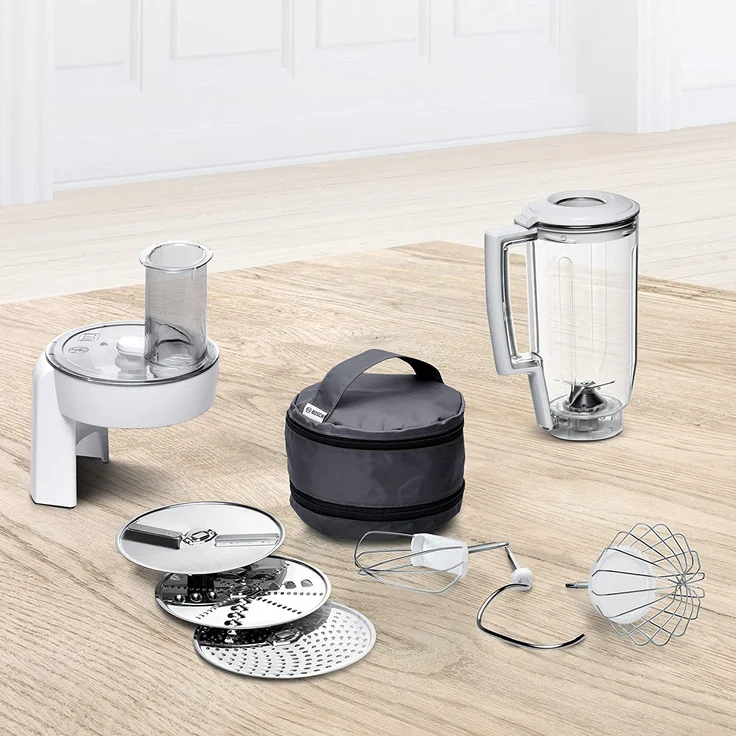 Bosch MUM58W20 CreationLine Küchenmaschine mit Planetenrührwerk 1000W, 7 Geschwindigkeiten, 3,9L Schüssel, inkl. Patisserie-Set, Standmixeraufsatz, Durchlaufschnitzler, weiß-silber, Serie: MUM5 – Bild 5