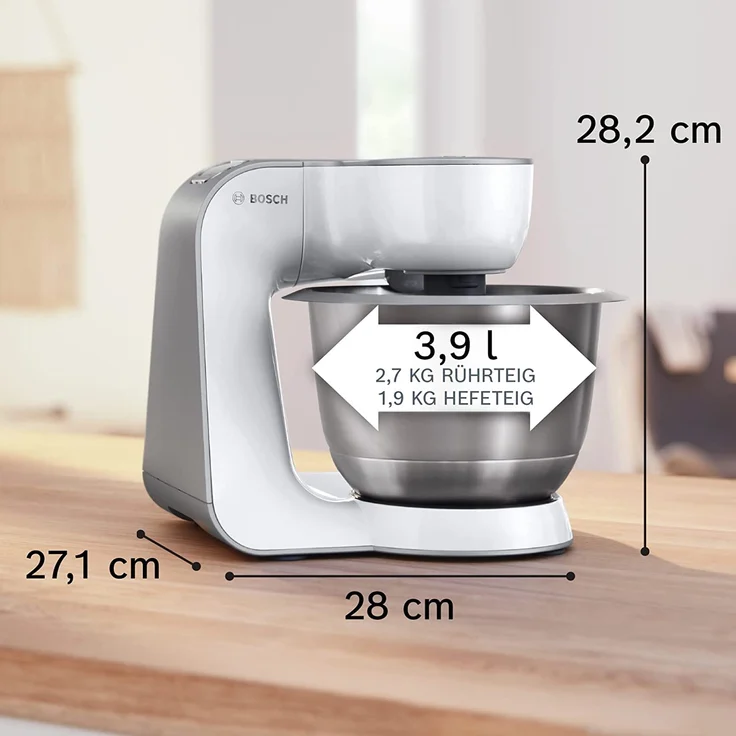 Bosch MUM58W20 CreationLine Küchenmaschine mit Planetenrührwerk 1000W, 7 Geschwindigkeiten, 3,9L Schüssel, inkl. Patisserie-Set, Standmixeraufsatz, Durchlaufschnitzler, weiß-silber, Serie: MUM5 – Bild 4