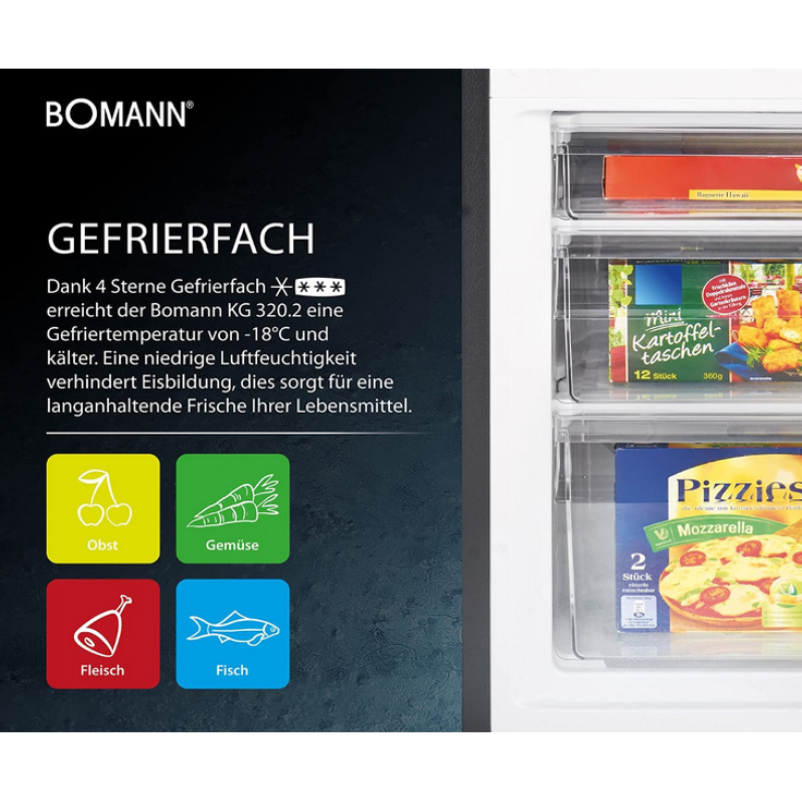 Bomann KG 320.2 Kühl-Gefrierkombination, freistehend, schwarz, LED, Abtauautomatik, Breite 49.5 cm, Energieklasse E – Bild 3