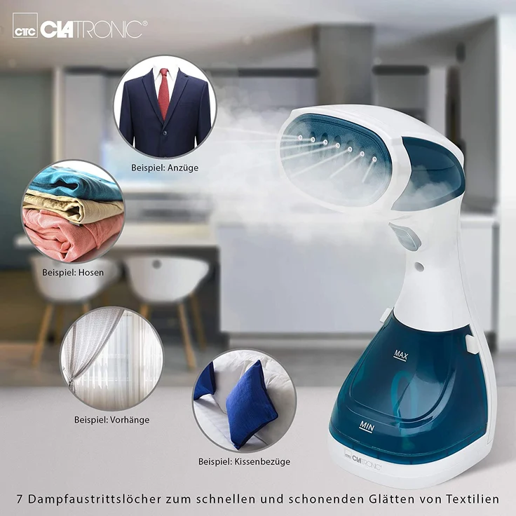 Clatronic DB 3717 Dampfbürste, 2 in 1-vertikales und horizontales Dampfbügeln, Kratzfeste Superglide-Keramiksohle, schnelle Aufheizzeit, Tankfüllung bis zu 20 Min. Betriebszeit, weiß-blau – Bild 5